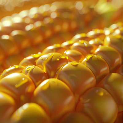 Close-up of fresh corn kernels with water droplets.