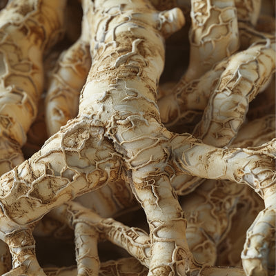 Close-up of intertwined, textured, beige roots.