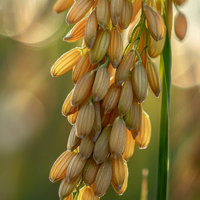 Close-up of a bunch of ripening rice grains on a plant.