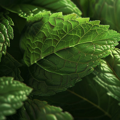 Close-up of vibrant green leaves showing intricate vein patterns.