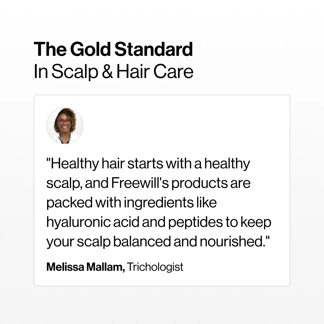 Text about Freewill's scalp and hair care featuring a quote by Melissa Mallam, Trichologist.
